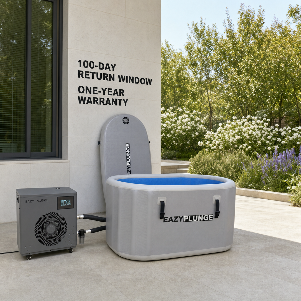 The Eazy Cold Plunge on a stone terrace beside a garden, used as a lower landscape crop on the homepage.
