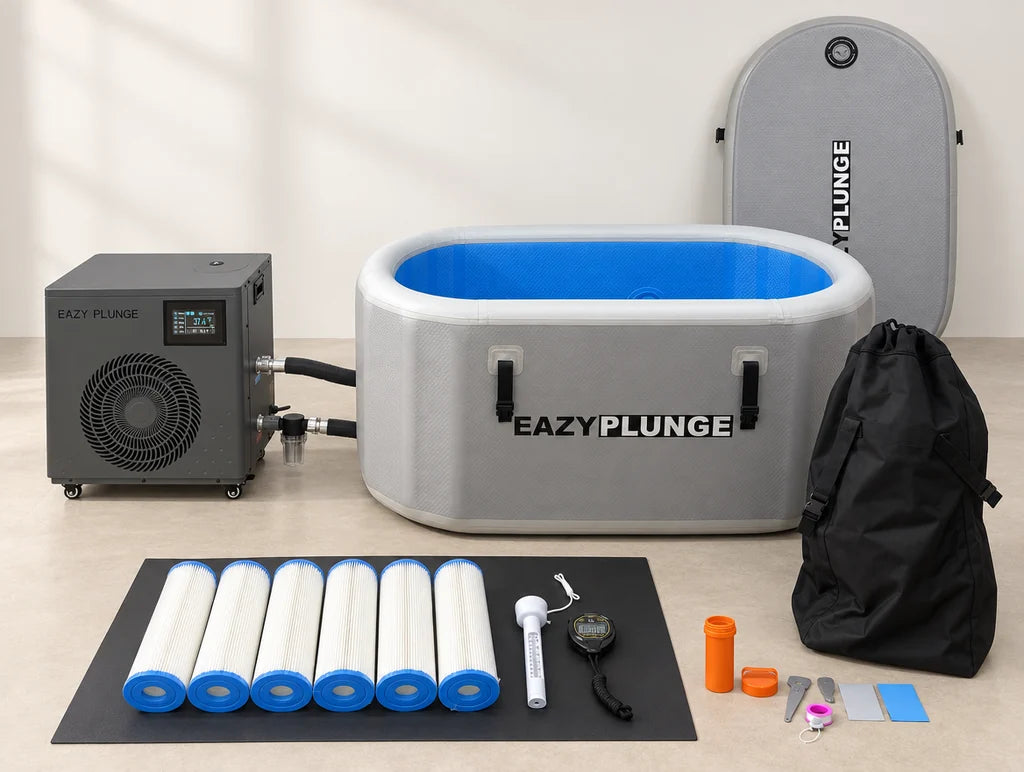 Easy Plunge complete setup with tub, chiller, lid and included accessories, including six replacement filters.