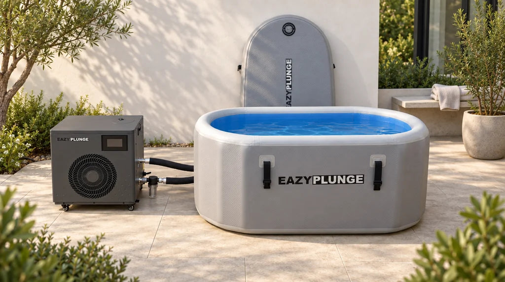 Easy Plunge tub and connected chiller on a quiet stone garden patio.