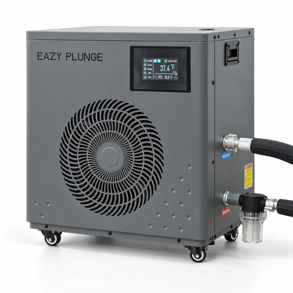Eazy Plunge chiller on caster wheels, with a graphite cabinet, spiral fan grille, touchscreen, two connected hoses and a clear inlet-filter cup.