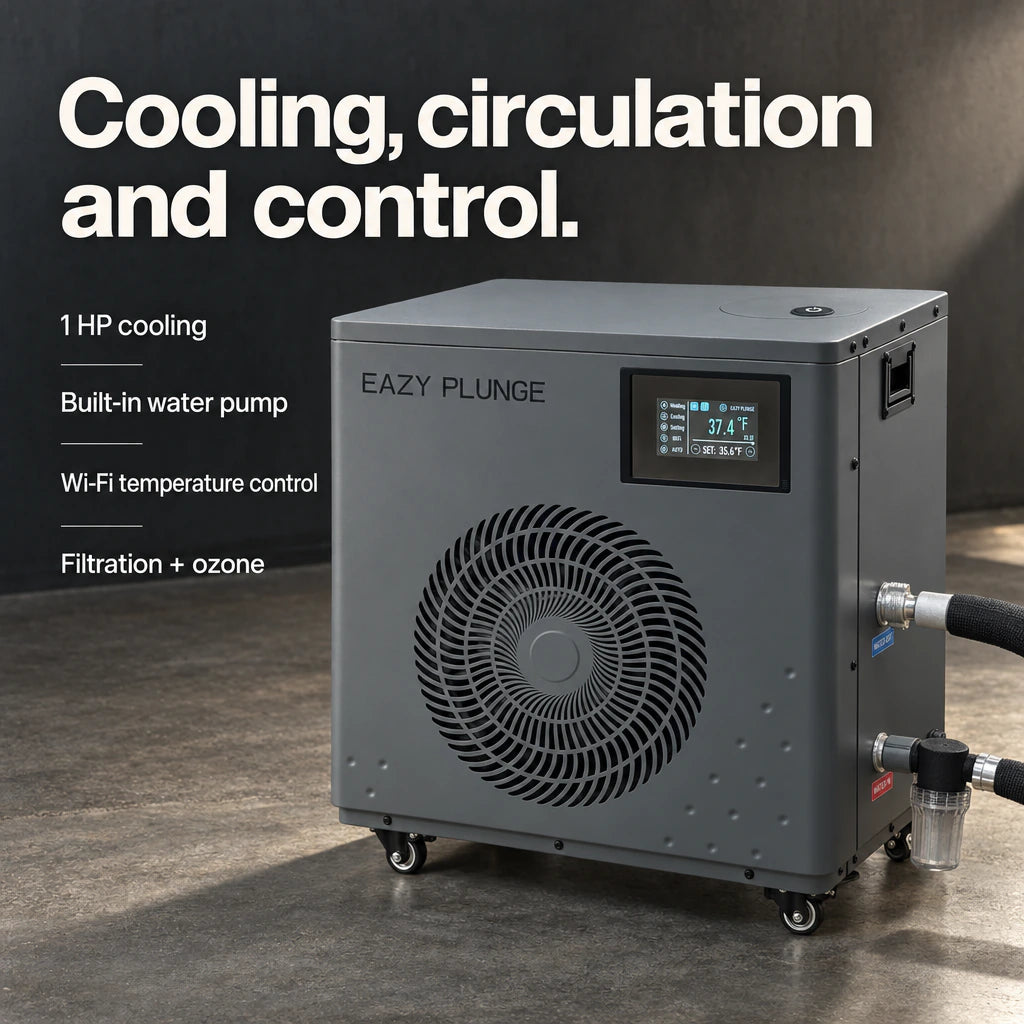 Cooling, circulation and control: Eazy Plunge chiller with 1 HP cooling, built-in water pump, Wi-Fi temperature control, filtration and ozone.