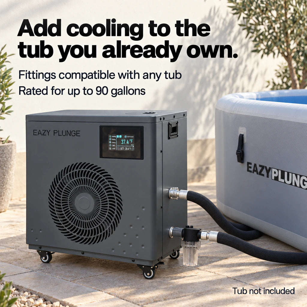 Eazy Plunge chiller beside a gray tub on a patio. Add cooling to the tub you already own. Fittings compatible with any tub; rated for up to 90 gallons. Tub not included.