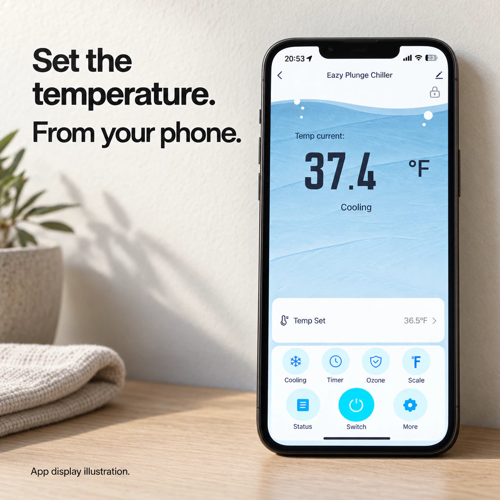 Phone control illustration showing Eazy Plunge Chiller, current temperature 37.4 degrees Fahrenheit and set temperature 36.5 degrees Fahrenheit. Set the temperature from your phone.
