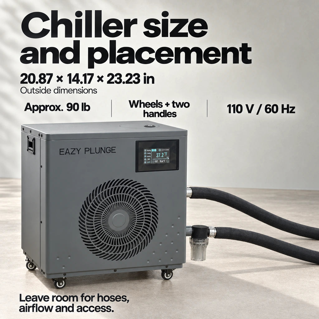 Chiller size and placement: outside dimensions 20.87 × 14.17 × 23.23 inches; approximately 90 pounds; wheels and two handles; 110 V / 60 Hz. Leave room for hoses, airflow and access.