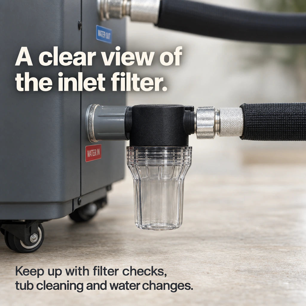 Close view of the clear inlet-filter cup and connected hose. Keep up with filter checks, tub cleaning and water changes.