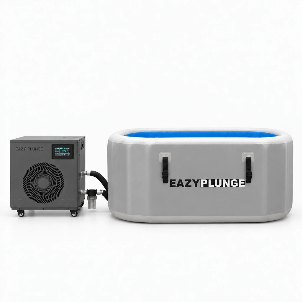 Eazy Plunge complete setup with an open gray XL tub, blue lining, graphite chiller and connected hoses.