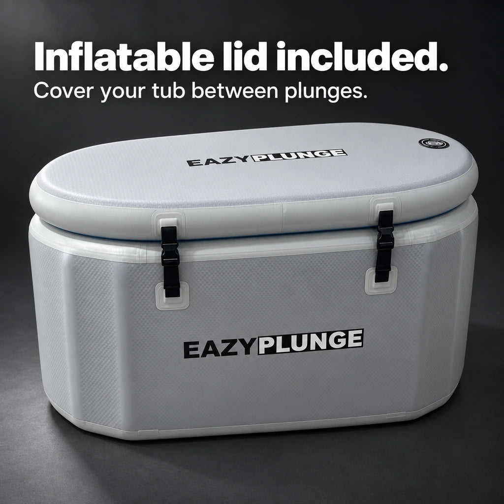 Gray inflatable Eazy Plunge lid with its brand mark, valve and securing straps.