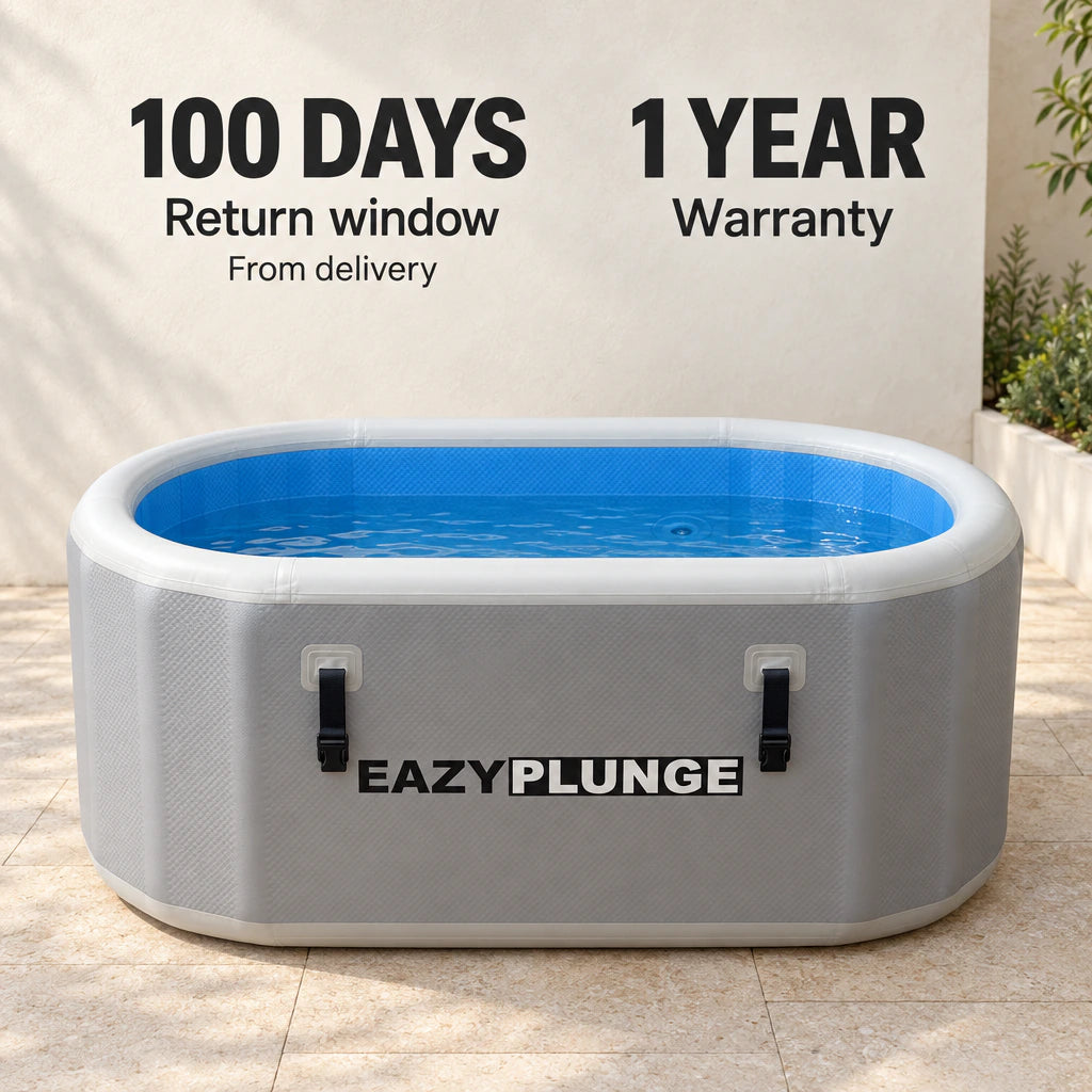 Full gray Eazy Plunge tub in a light courtyard. 100-day return window from delivery and one-year warranty.